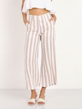 Faithfull the Brand Cream and Beige Striped Linen Blend Trousers size 4